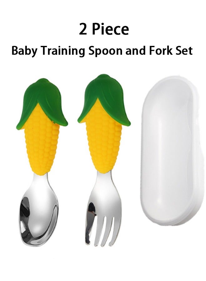 GMORO Cartoon Corn Shape Baby Fork and Spoon Set,Stainless Steel Utensils Cutlery Kit with Travel Safe Carry Case for Toddler Self Feeding Learning - Image 1
