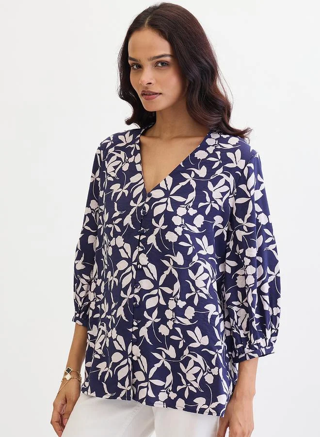 Femmella Navy Floral Print Buttoned Top