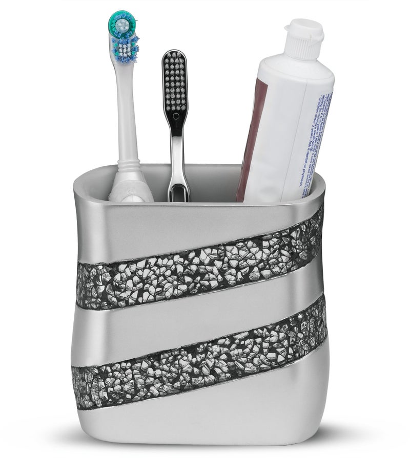 Creative Scents Silver Mosaic Toothbrush And Toothpaste Holder For Bathroom - Decorative Bathroom Toothbrush Holder, Family Toothbrush Cup With One Large Opening To Hold Multiple Toothbrushes At Once - Image 1