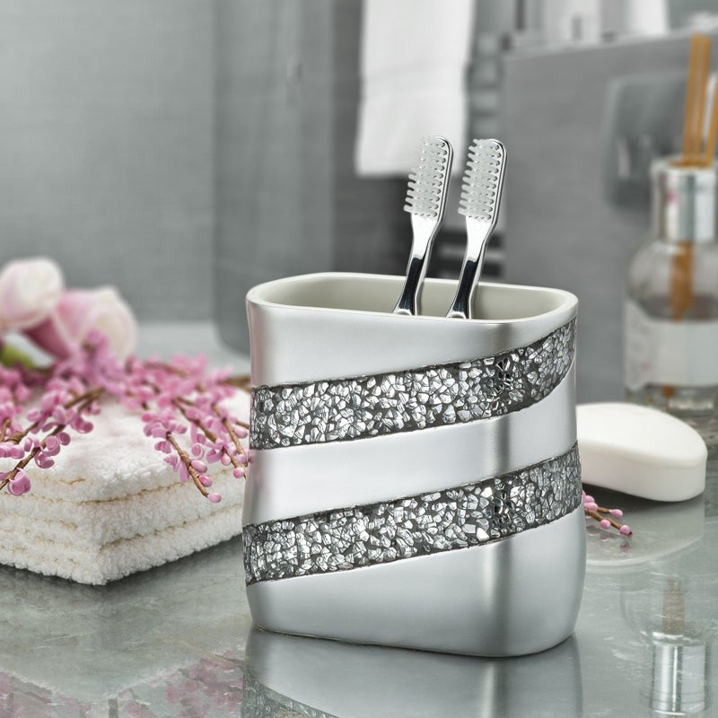 Creative Scents Silver Mosaic Toothbrush And Toothpaste Holder For Bathroom - Decorative Bathroom Toothbrush Holder, Family Toothbrush Cup With One Large Opening To Hold Multiple Toothbrushes At Once - Image 2