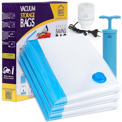 ABOUT SPACE 3 Pack 2XJumbo (80 x 120 cm) Vacuum Bags for Travel with Electric & Hand Pump | Space Saver Storage Organizer Bag for Clothes,Comforters, Ziplock Airtight Reusable Luggage Bags (Blue) - Image 1