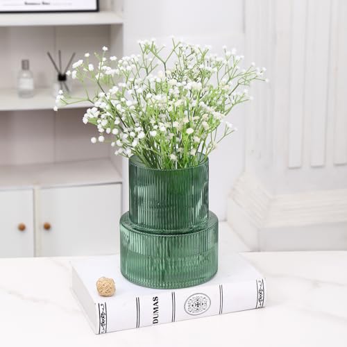 YANWE1 Green Glass Vase, Ribbed Glass Vase for Tulips, Flower Vases for Bouquet, Green Modern Vases for Living Room, Dining Table, Entryway, Mantle, Shelf, Wedding, Office, 7.5 Inches - Image 2
