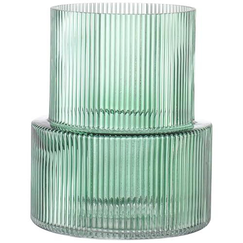 YANWE1 Green Glass Vase, Ribbed Glass Vase for Tulips, Flower Vases for Bouquet, Green Modern Vases for Living Room, Dining Table, Entryway, Mantle, Shelf, Wedding, Office, 7.5 Inches - Image 1
