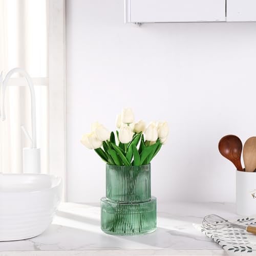 YANWE1 Green Glass Vase, Ribbed Glass Vase for Tulips, Flower Vases for Bouquet, Green Modern Vases for Living Room, Dining Table, Entryway, Mantle, Shelf, Wedding, Office, 7.5 Inches - Image 5