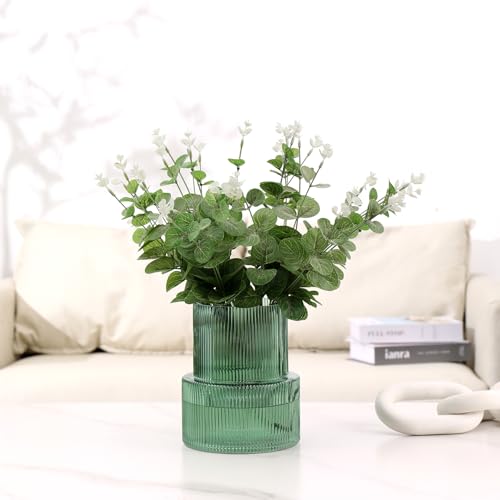 YANWE1 Green Glass Vase, Ribbed Glass Vase for Tulips, Flower Vases for Bouquet, Green Modern Vases for Living Room, Dining Table, Entryway, Mantle, Shelf, Wedding, Office, 7.5 Inches - Image 3