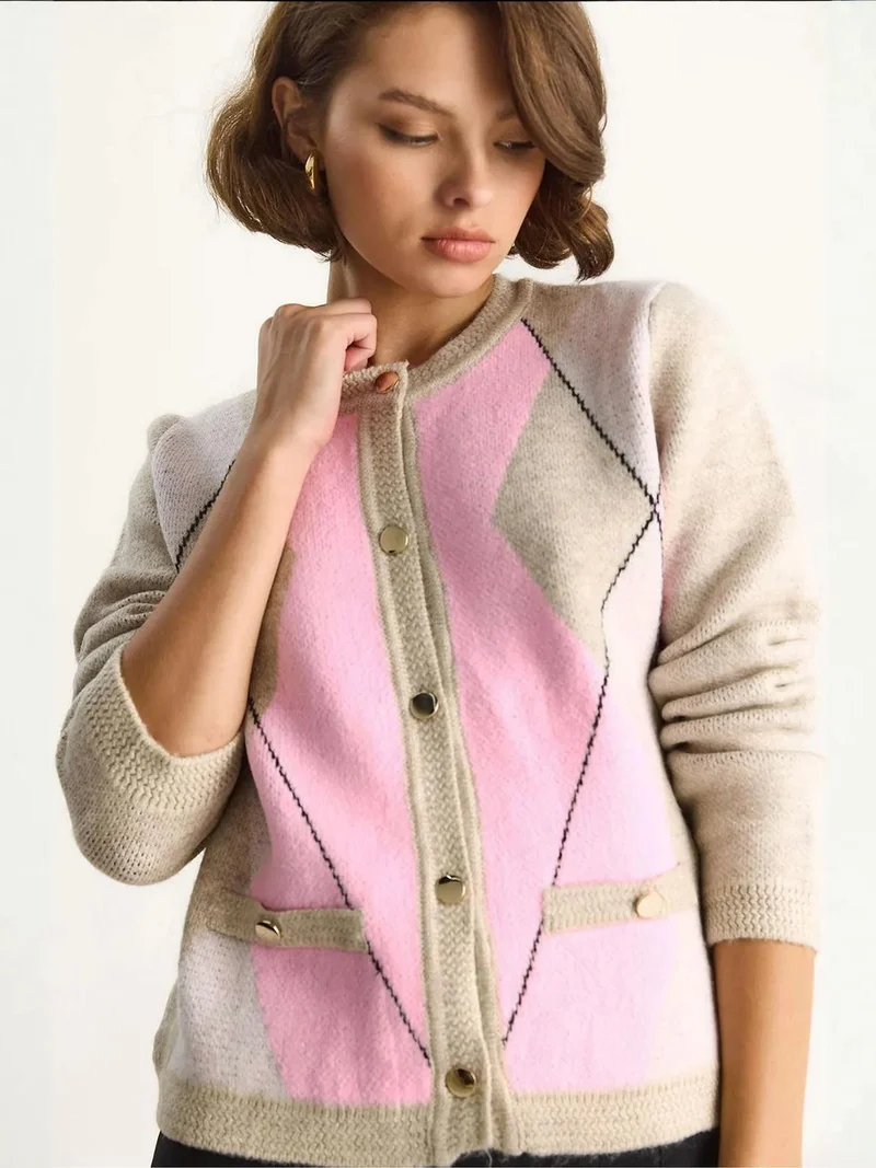 Bianco Lucci LUCCI Cellular Knit Button-Up Cardigan