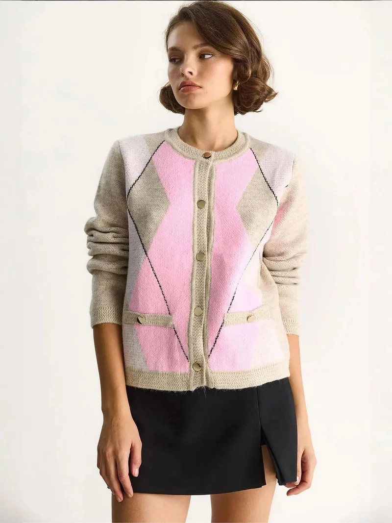 Bianco Lucci LUCCI Cellular Knit Button-Up Cardigan