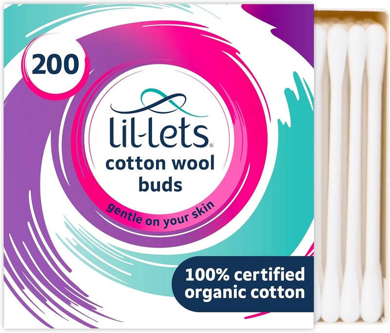 Lil-Lets Cotton Wool Buds - 200 Count, Certified Organic, 100% Pure Cotton Tips with Durable Paper Stems - Image 1