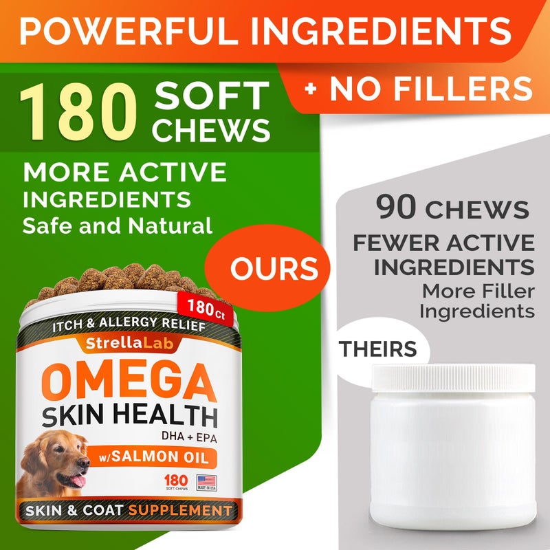 StrellaLab Omega 3 for Dogs - (180Ct) Fish Oil Treats - Allergy & Itch Relief Skin & Coat Supplement - Dry Itchy Skin, Anti Shedding & Hot Spots Treatment - Pet Salmon Oil Chews - Chicken Flavor - Image 4