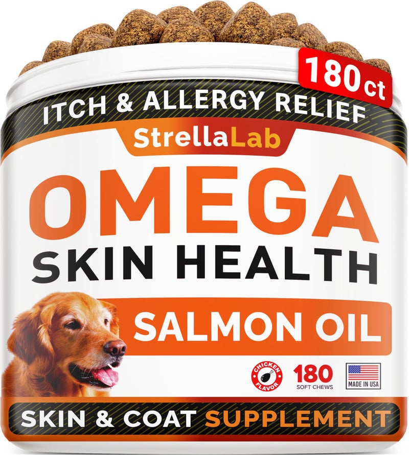 StrellaLab Omega 3 for Dogs - (180Ct) Fish Oil Treats - Allergy & Itch Relief Skin & Coat Supplement - Dry Itchy Skin, Anti Shedding & Hot Spots Treatment - Pet Salmon Oil Chews - Chicken Flavor - Image 1
