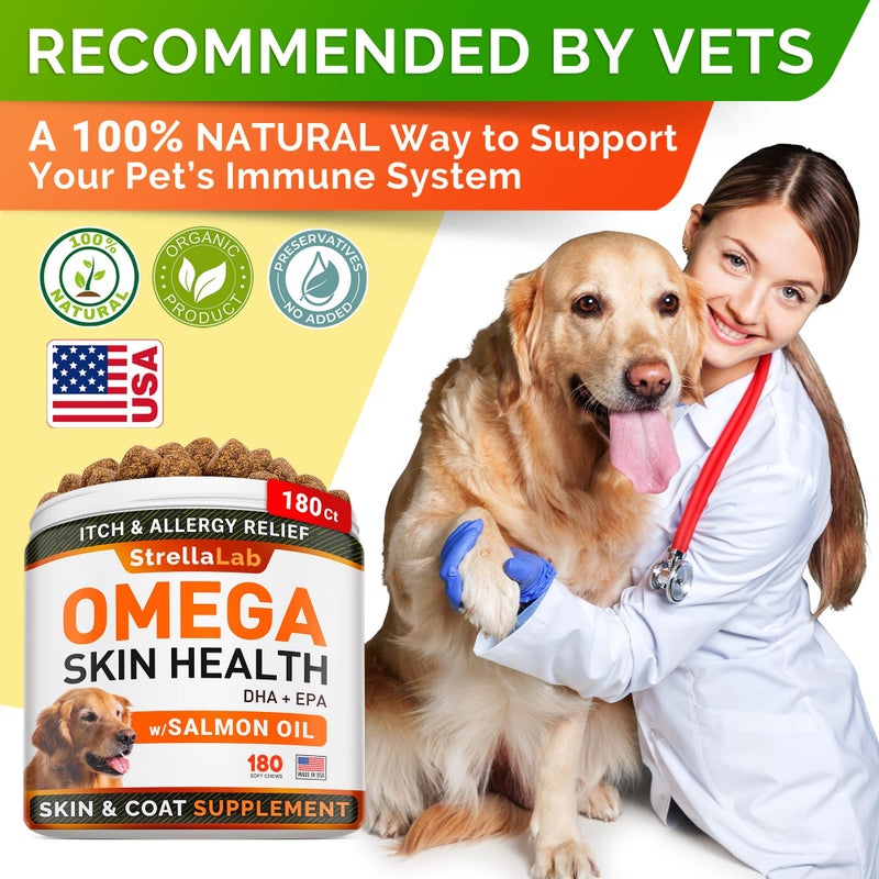StrellaLab Omega 3 for Dogs - (180Ct) Fish Oil Treats - Allergy & Itch Relief Skin & Coat Supplement - Dry Itchy Skin, Anti Shedding & Hot Spots Treatment - Pet Salmon Oil Chews - Chicken Flavor - Image 5