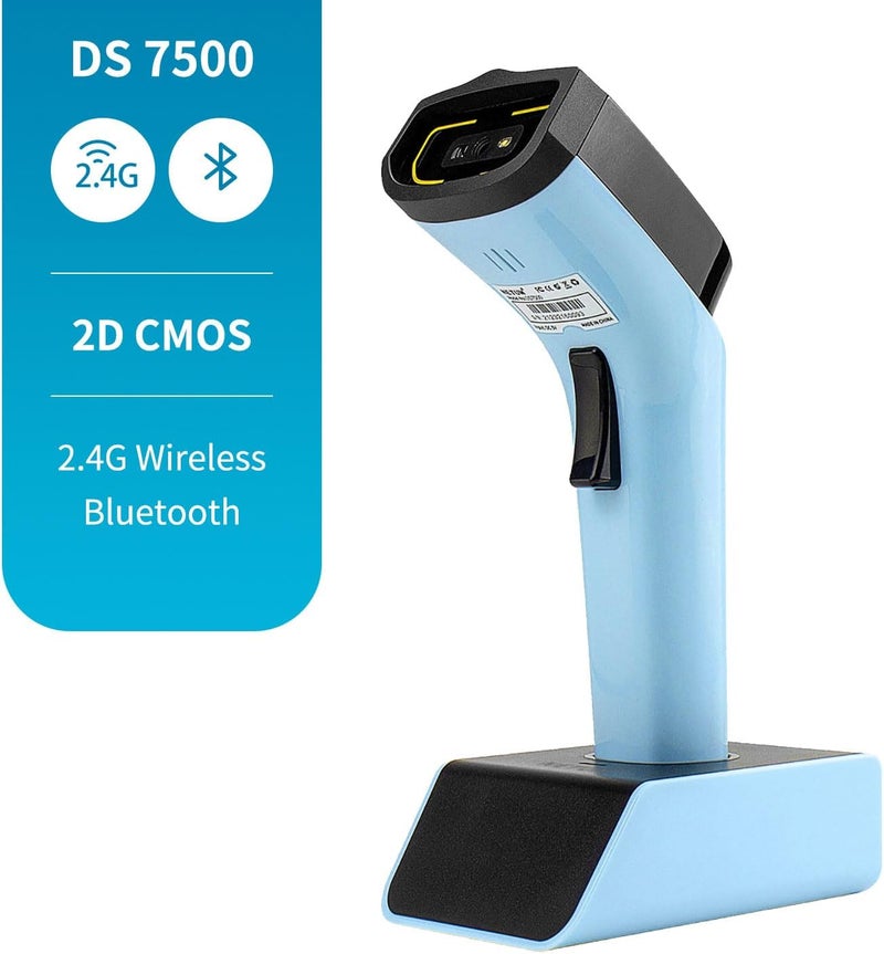 Bluetooth Wireless 2D Barcode Scanner with Charging Cradle, Hands Free Automatic Sensing Bar Code Reader 1D 2D QR pdf417 Scan Gun Works with MAC OS, Windows, iOS, Android - DS7500 (Blue) - Image 1