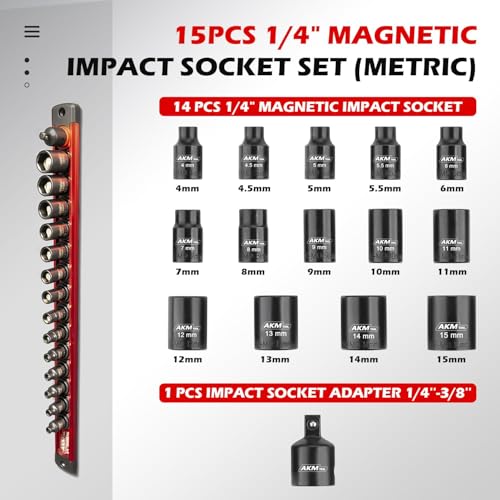 AKM TOOL 1/4 Inch Drive Magnetic Impact Socket Set, 15-Piece Metric, 4mm-15mm, 6 Point, Cr-Mo, Square Drive, Magnetic Sockets with Adapter, Rail - Image 2