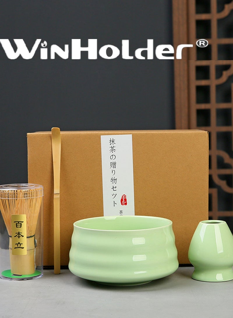 وين هولدر طقم ماتشا مكون من 4 قطع، أداة شاي تقليدية مصنوعة يدويًا مع وعاء سيراميك ومغرفة ومضرب ماتشا من الخيزران وحامل - Image 1