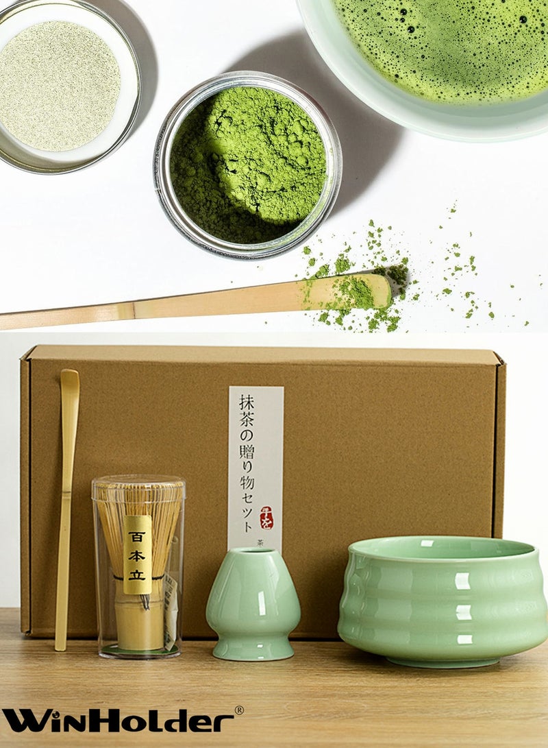 وين هولدر طقم ماتشا مكون من 4 قطع، أداة شاي تقليدية مصنوعة يدويًا مع وعاء سيراميك ومغرفة ومضرب ماتشا من الخيزران وحامل - Image 2