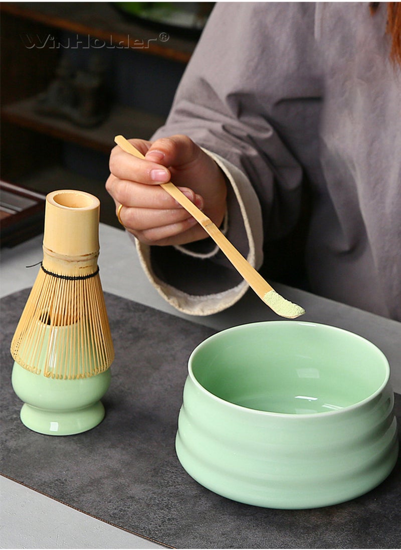 4 Piece Matcha Set, Traditional Handmade Tea Tool with Ceramic Bowl, Scoop, Prong Bamboo Matcha Whisk and Holder