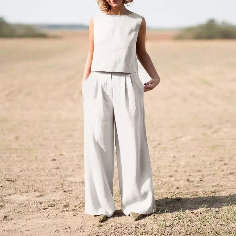 1Tarz 1Style Barbora Linen Casual Sleeveless Top and Bottom Women's Set LN08EKRU  - Image 1