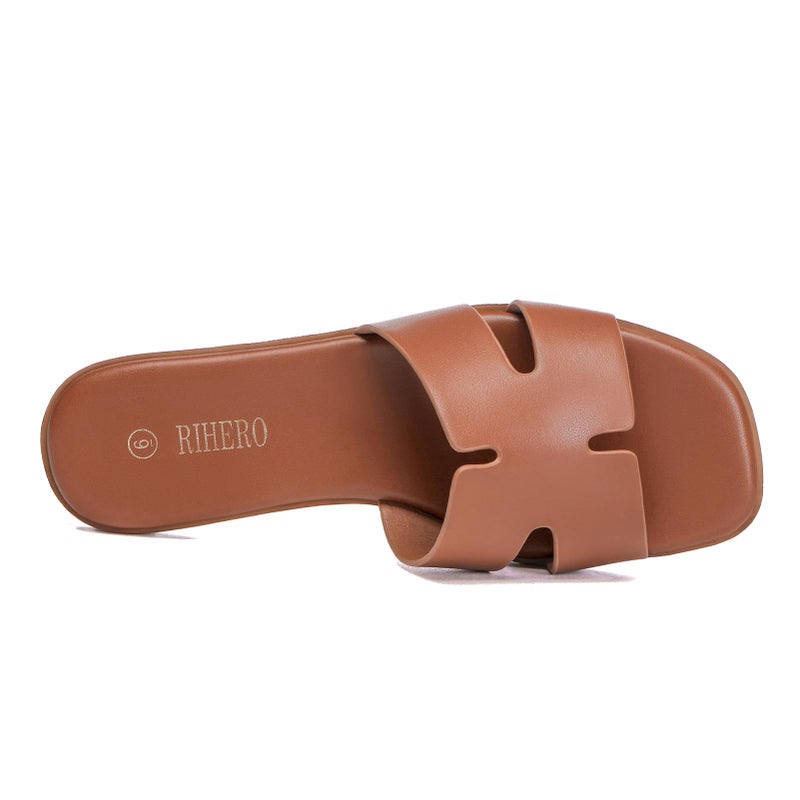 Rihero Women's Dressy Flat Sandals Comfortable Slip On Leather Slide Brown Sandals Size 10 - Image 5