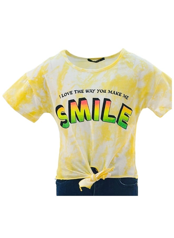 JOANNA JOANNA 23KY369B Girl's Front Tie With I Love The Way You Make Me Smile Quotes Round Neck Short Sleeve T-Shirt - Yellow  - Image 1