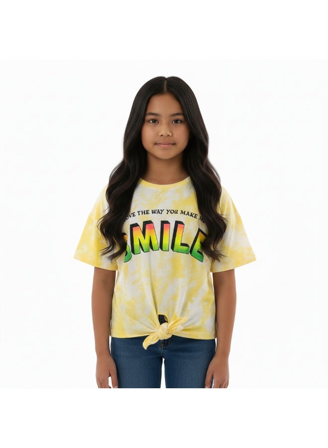 JOANNA 23KY369B Girl's Front Tie With I Love The Way You Make Me Smile Quotes Round Neck Short Sleeve T-Shirt - Yellow - Image 1