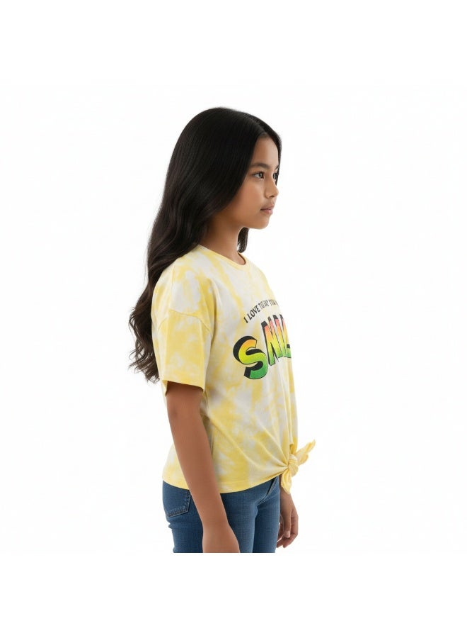 JOANNA 23KY369B Girl's Front Tie With I Love The Way You Make Me Smile Quotes Round Neck Short Sleeve T-Shirt - Yellow - Image 2