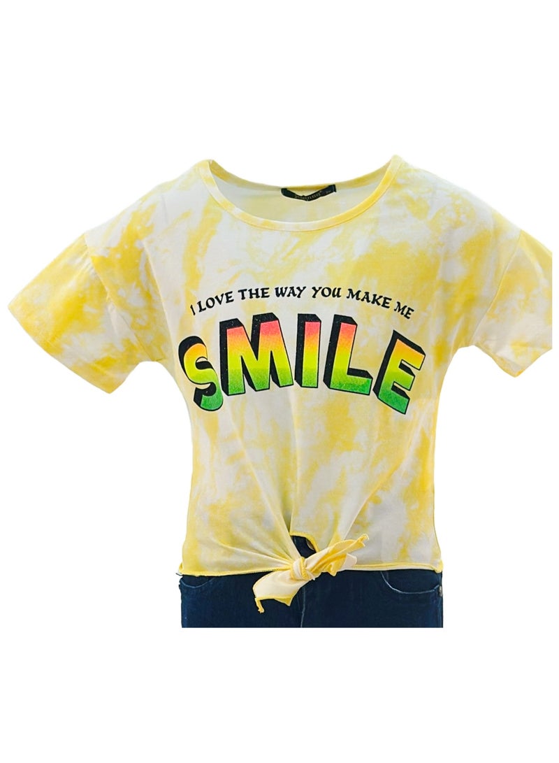 JOANNA 23KY369B Girl's Front Tie With I Love The Way You Make Me Smile Quotes Round Neck Short Sleeve T-Shirt - Yellow - Image 4