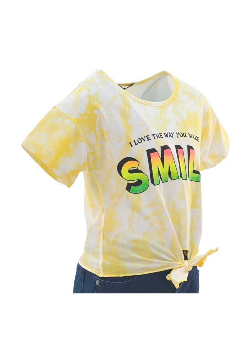 JOANNA 23KY369B Girl's Front Tie With I Love The Way You Make Me Smile Quotes Round Neck Short Sleeve T-Shirt - Yellow - Image 5