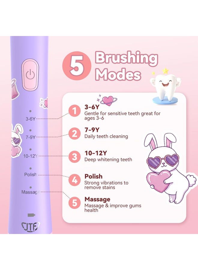 JTF Kids Electric Toothbrush Rechargeable: Sonic Tooth Brush with Smart Timer 5 Brushing Modes 4 Soft Brush Heads IPX7 Waterproof and DIY Sticker, Pink Portable Children Toothbrush for Ages 3-12 Girls - Image 2