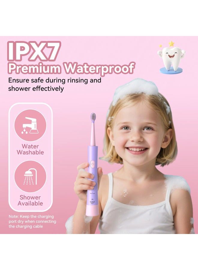 JTF Kids Electric Toothbrush Rechargeable: Sonic Tooth Brush with Smart Timer 5 Brushing Modes 4 Soft Brush Heads IPX7 Waterproof and DIY Sticker, Pink Portable Children Toothbrush for Ages 3-12 Girls - Image 5
