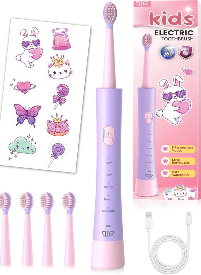 JTF Kids Electric Toothbrush Rechargeable: Sonic Tooth Brush with Smart Timer 5 Brushing Modes 4 Soft Brush Heads IPX7 Waterproof and DIY Sticker, Pink Portable Children Toothbrush for Ages 3-12 Girls - Image 1