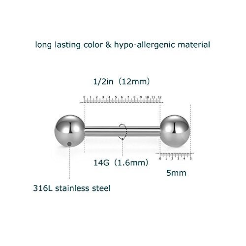 VCMART Nipple Rings Tongue Ring Surgical Steel Nipplerings Piercing Women Silver Barbells 14G 6 Pairs 1/2"(12mm) - Image 3