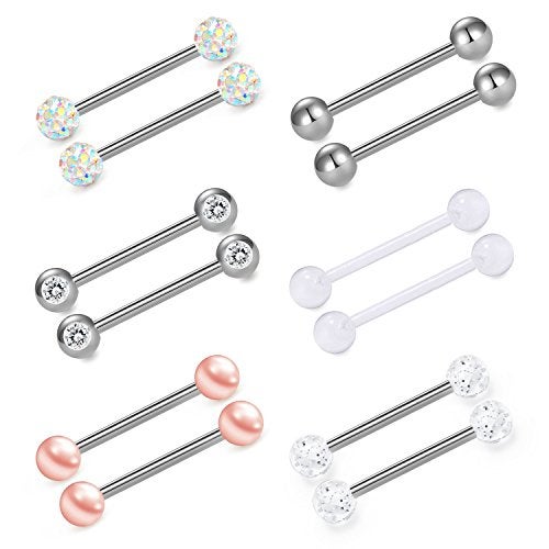 VCMART Nipple Rings Tongue Ring Surgical Steel Nipplerings Piercing Women Silver Barbells 14G 6 Pairs 1/2"(12mm) - Image 5
