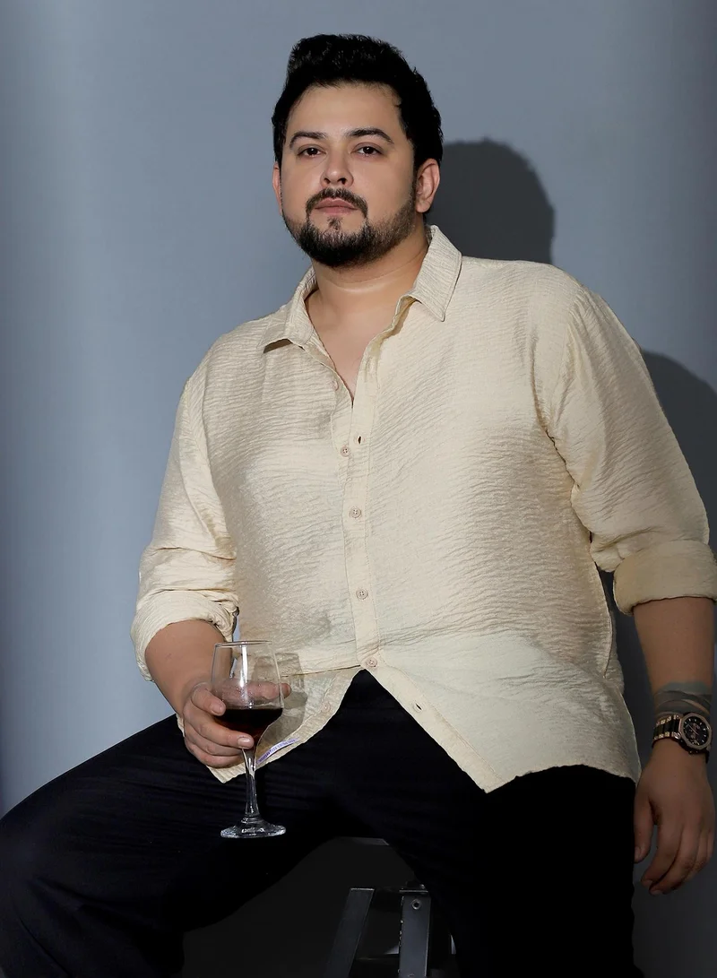 Instafab Plus Instafab Plus Men Solid Creased-Tactile Shirt | Spread Collar , Long Cuffed Sleeves | Button Closure , Curved Hem | Solid Creased Material | Woven Fabric For Casual & Daily Wear | Off-White