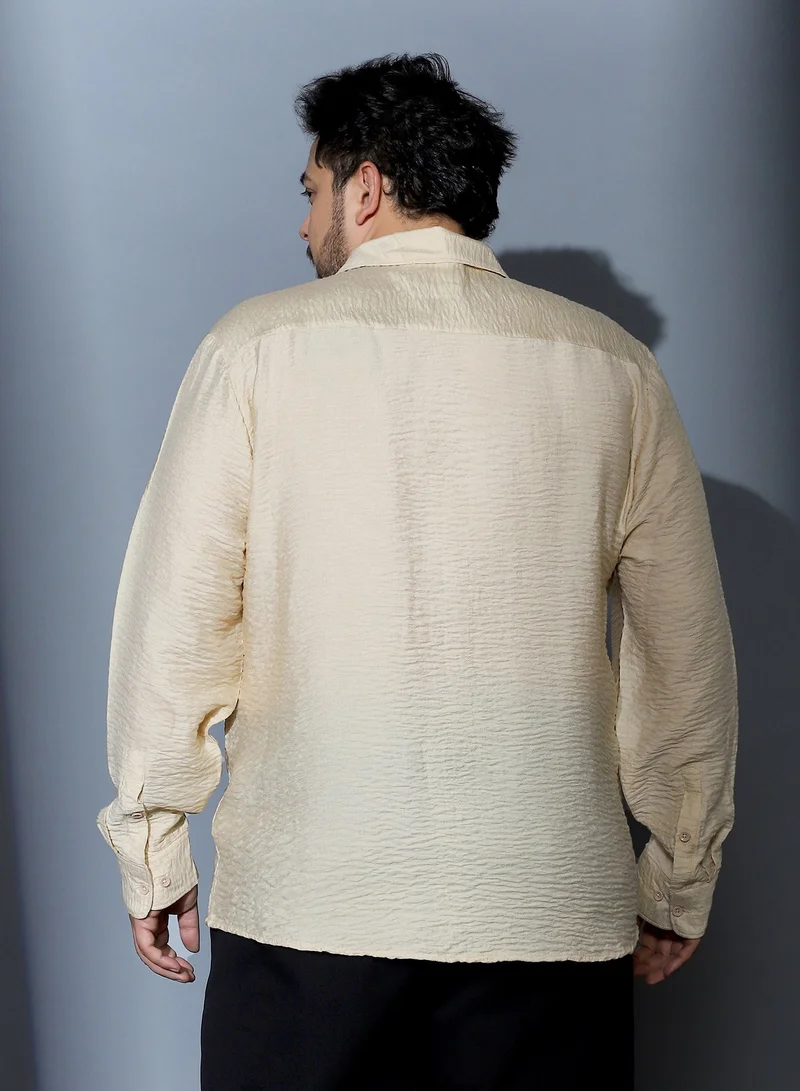 Instafab Plus  Instafab Plus Men Solid Creased-Tactile Shirt | Spread Collar , Long Cuffed Sleeves | Button Closure , Curved Hem | Solid Creased Material | Woven Fabric For Casual & Daily Wear | Off-White for Men | Best Price UAE