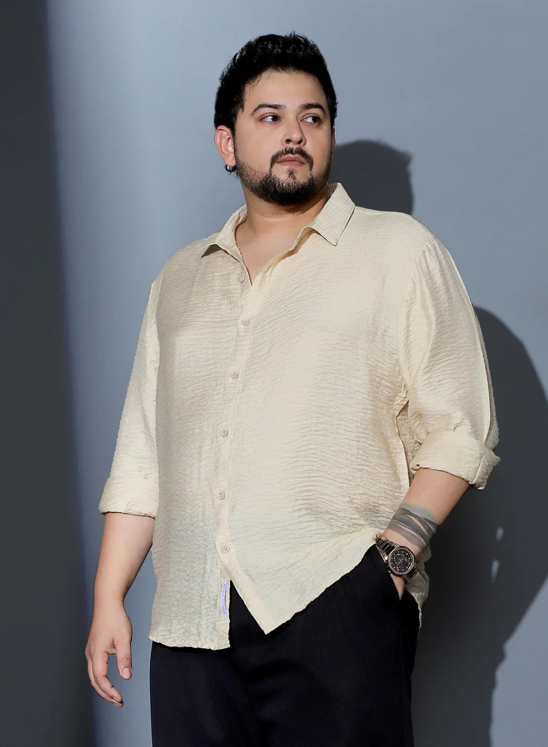 Instafab Plus Men Solid Creased-Tactile Shirt | Spread Collar , Long Cuffed Sleeves | Button Closure , Curved Hem | Solid Creased Material | Woven Fabric For Casual & Daily Wear | Off-White