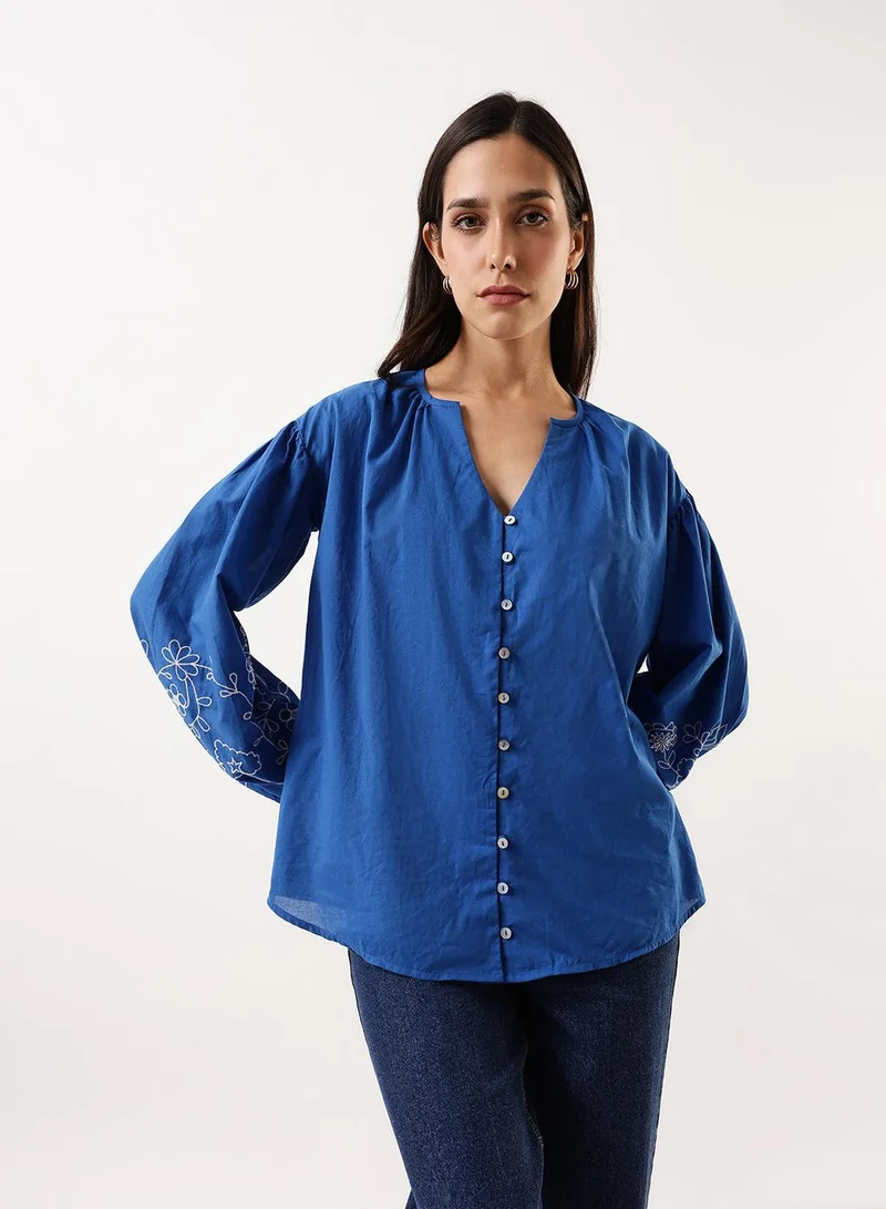Dennis Lingo Women's Classic Blue Cambric Embroidered T-Shirt Regular Fit Tops