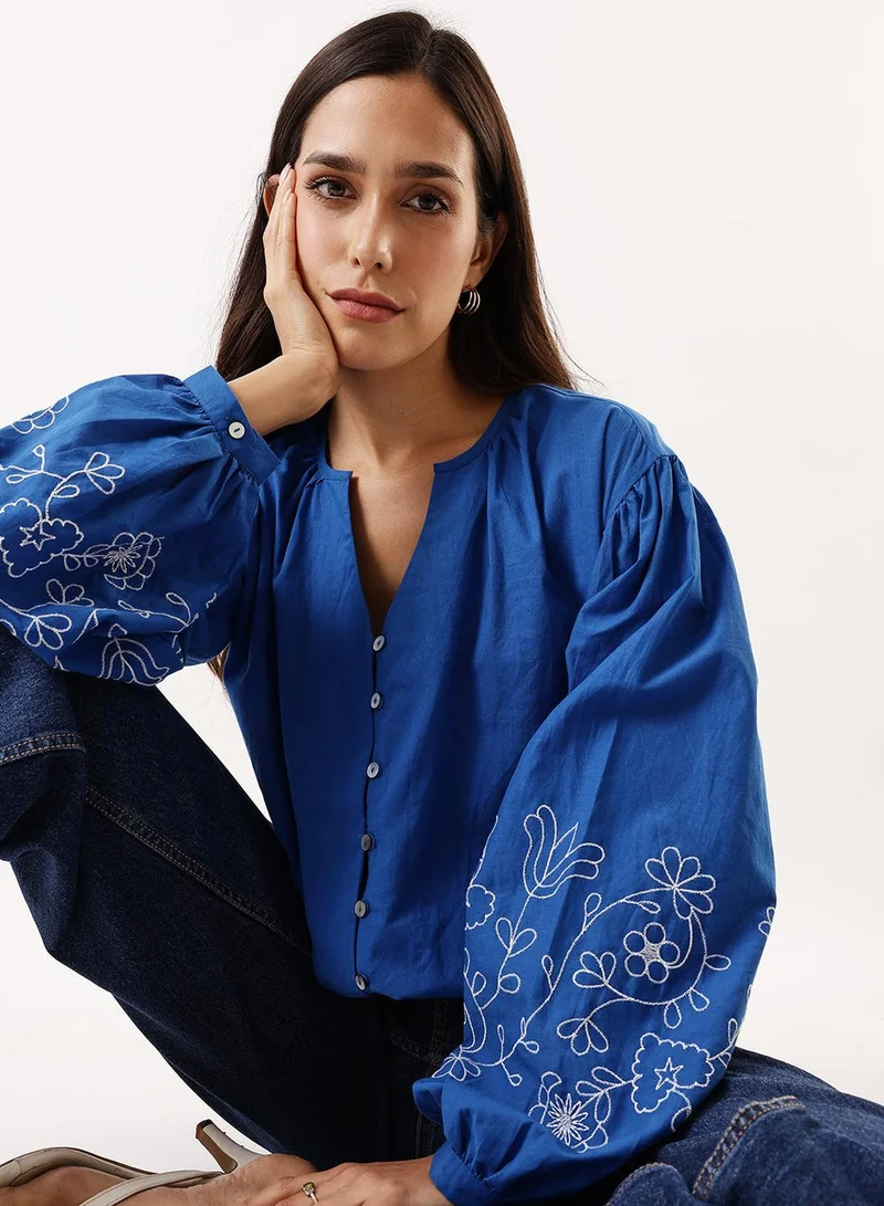 Dennis Lingo Women's Classic Blue Cambric Embroidered T-Shirt Regular Fit Tops