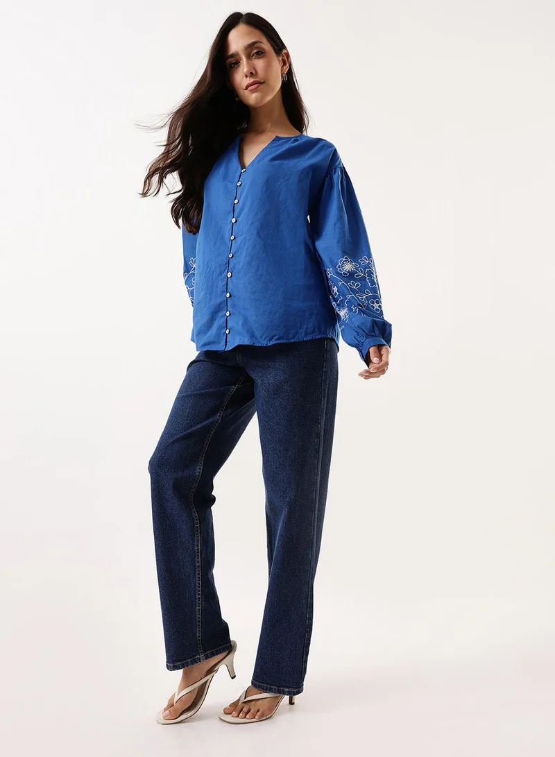 Dennis Lingo Women's Classic Blue Cambric Embroidered T-Shirt Regular Fit Tops