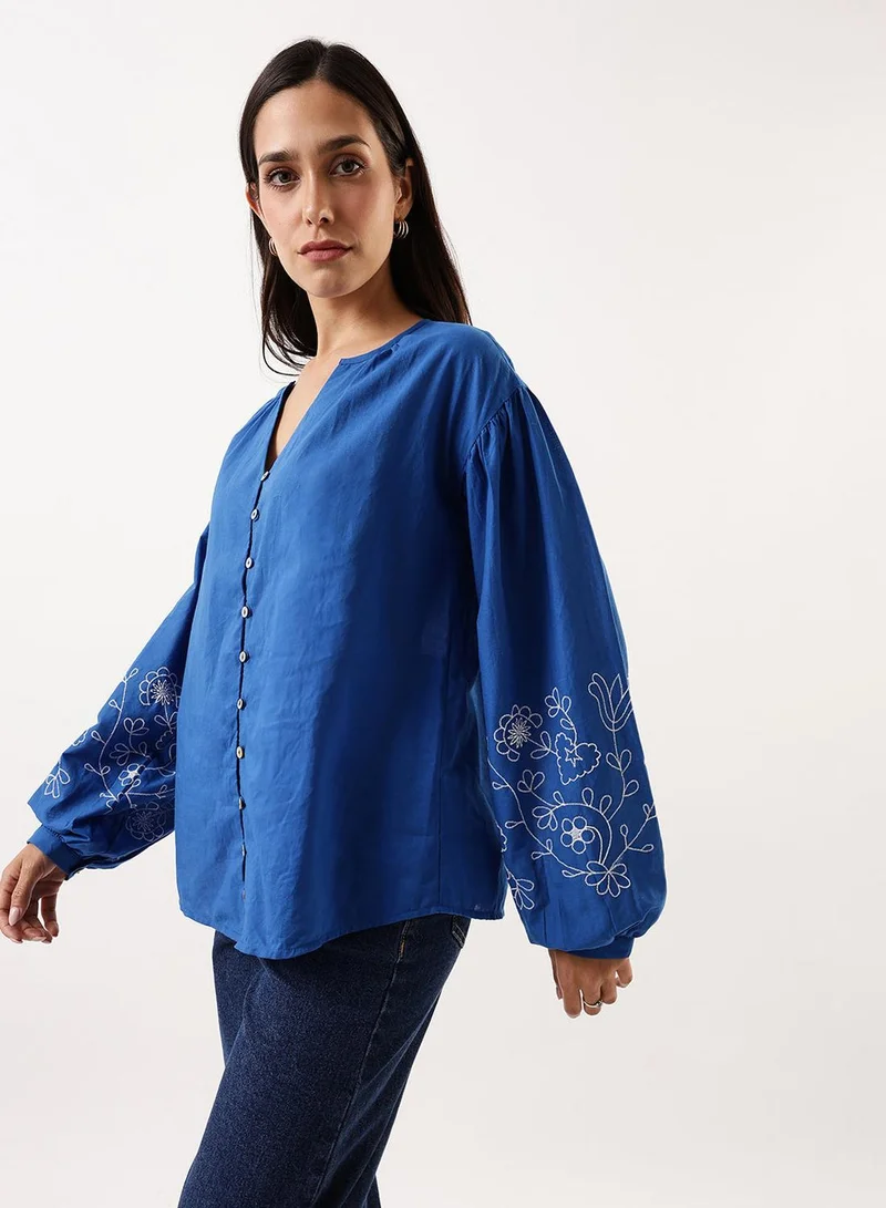 Dennis Lingo Women's Classic Blue Cambric Embroidered T-Shirt Regular Fit Tops