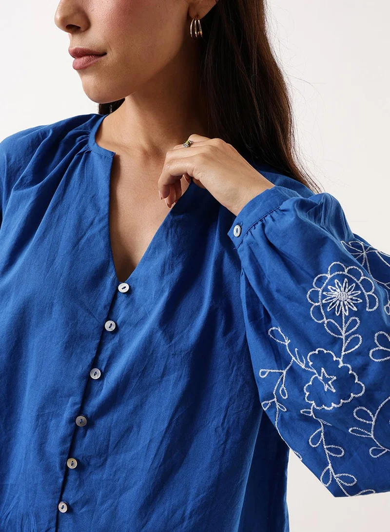Dennis Lingo Women's Classic Blue Cambric Embroidered T-Shirt Regular Fit Tops