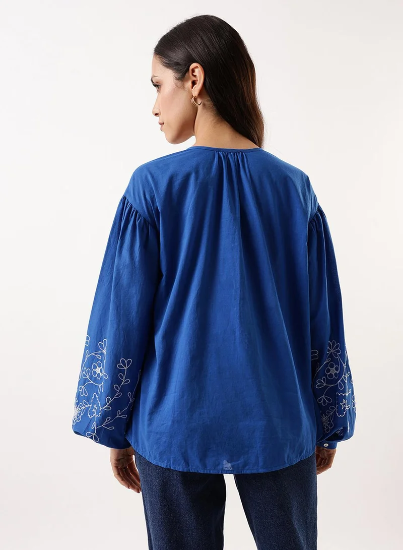 Dennis Lingo Women's Classic Blue Cambric Embroidered T-Shirt Regular Fit Tops