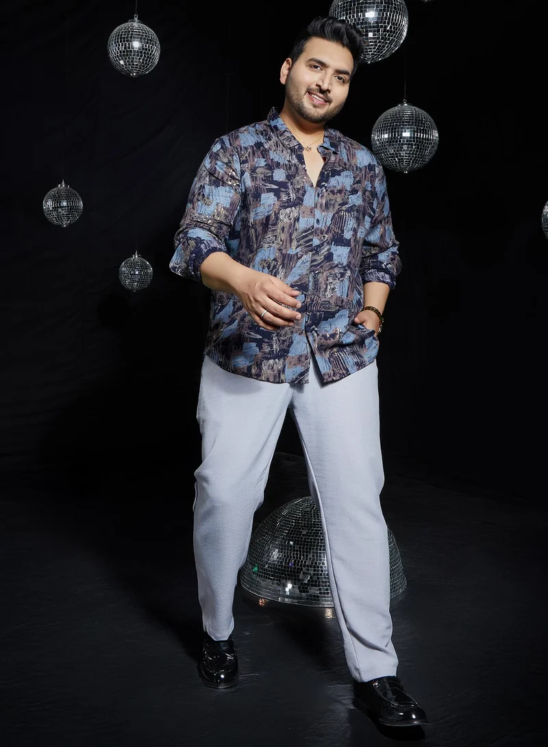 Instafab Plus  Men's Black & Blue Foil-Impressions Regular Shirt For Casual Wear | Spread Collar | Long Cuffed Sleeves | Button Closure | Plus Size Shirt Crafted With Comfort Fit For Everyday Wear for Men | Best Price UAE