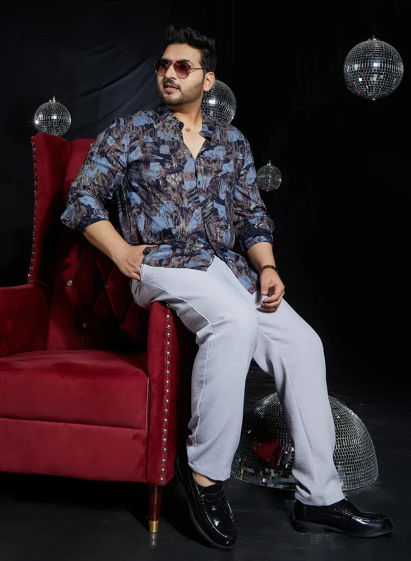 Instafab Plus  Men's Black & Blue Foil-Impressions Regular Shirt For Casual Wear | Spread Collar | Long Cuffed Sleeves | Button Closure | Plus Size Shirt Crafted With Comfort Fit For Everyday Wear for Men | Best Price UAE