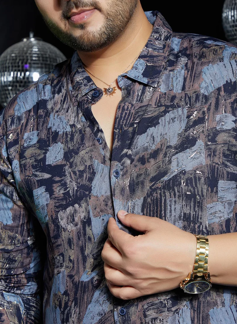 Instafab Plus  Men's Black & Blue Foil-Impressions Regular Shirt For Casual Wear | Spread Collar | Long Cuffed Sleeves | Button Closure | Plus Size Shirt Crafted With Comfort Fit For Everyday Wear for Men | Best Price UAE