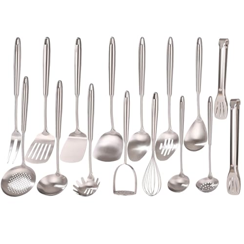 Standcn 18/10 Stainless Steel Cooking Utensils Set - 16 PCS All Metal Serving Utensils, Kitchen Tools - Whisk, Masher, Fork, Tongs, Solid/Slotted Spoon, Spatula, Turner, Ladle, Skimmer, Pasta, Large Spoon Set - Image 1