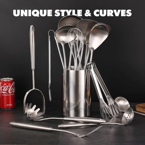 Standcn 18/10 Stainless Steel Cooking Utensils Set - 16 PCS All Metal Serving Utensils, Kitchen Tools - Whisk, Masher, Fork, Tongs, Solid/Slotted Spoon, Spatula, Turner, Ladle, Skimmer, Pasta, Large Spoon Set - Image 3