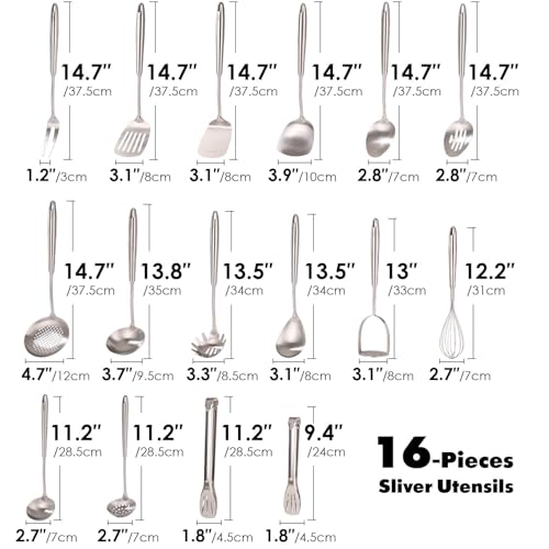 Standcn 18/10 Stainless Steel Cooking Utensils Set - 16 PCS All Metal Serving Utensils, Kitchen Tools - Whisk, Masher, Fork, Tongs, Solid/Slotted Spoon, Spatula, Turner, Ladle, Skimmer, Pasta, Large Spoon Set - Image 2