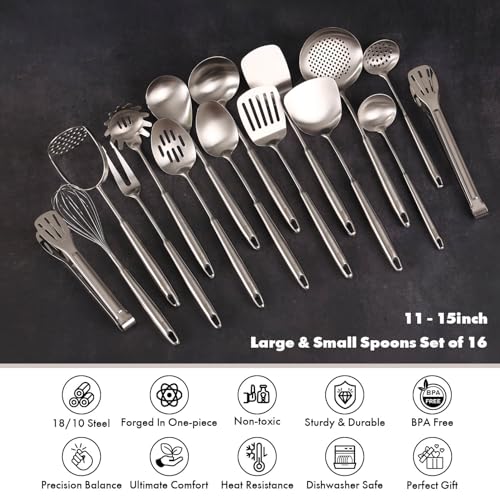 Standcn 18/10 Stainless Steel Cooking Utensils Set - 16 PCS All Metal Serving Utensils, Kitchen Tools - Whisk, Masher, Fork, Tongs, Solid/Slotted Spoon, Spatula, Turner, Ladle, Skimmer, Pasta, Large Spoon Set - Image 4