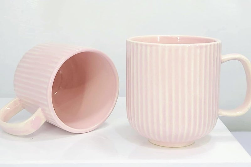 KITTENS Ceramic Coffee Mug Set of 2 300 ml Large Mugs with Line Pattern Made with Food Grade Material Handcrafted Pastel Pink - Image 2
