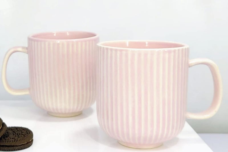 KITTENS Ceramic Coffee Mug Set of 2 300 ml Large Mugs with Line Pattern Made with Food Grade Material Handcrafted Pastel Pink - Image 1